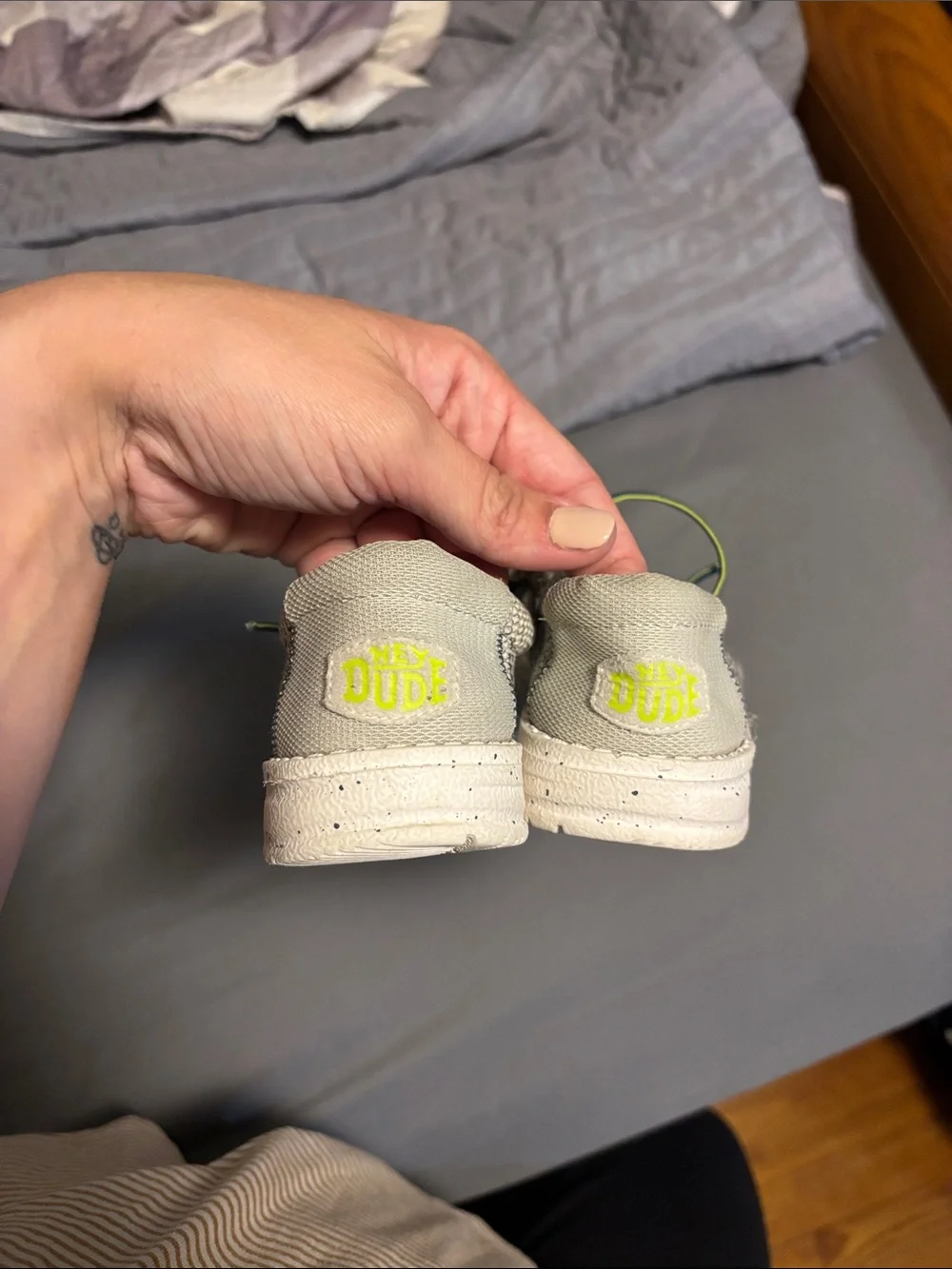 Hey Dude Kids Knit Slip-On Sneakers in Light Gray with Neon Green Accents